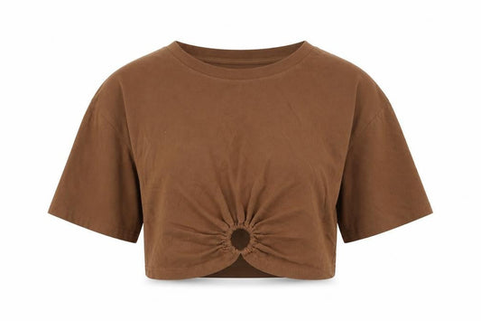 Urban Revivo Womens Brown Cotton Cropped T-Shirt Size 8 Round Neck - Ring Detail