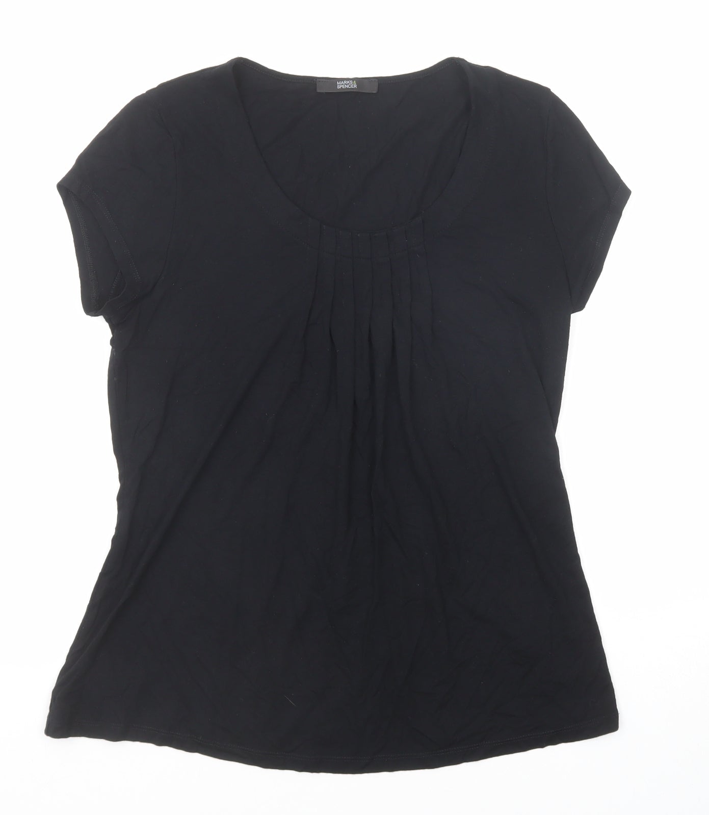 Marks and Spencer Womens Black Viscose Basic T-Shirt Size 8 Scoop Neck - Pleat Front Detail
