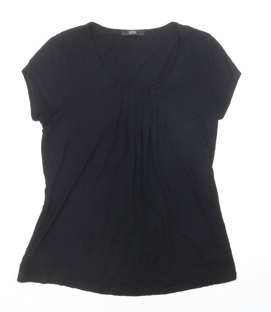 Marks and Spencer Womens Black Viscose Basic T-Shirt Size 8 Scoop Neck - Pleat Front Detail