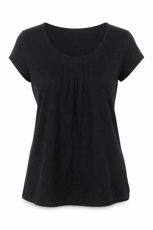 Marks and Spencer Womens Black Viscose Basic T-Shirt Size 8 Scoop Neck - Pleat Front Detail