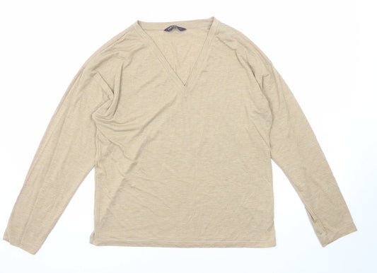 Marks and Spencer Womens Beige Polyester Basic T-Shirt Size 8 V-Neck