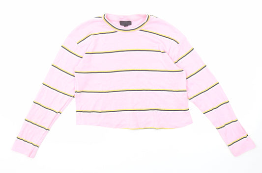 Topshop Womens Pink Striped Cotton Cropped T-Shirt Size 6 Crew Neck