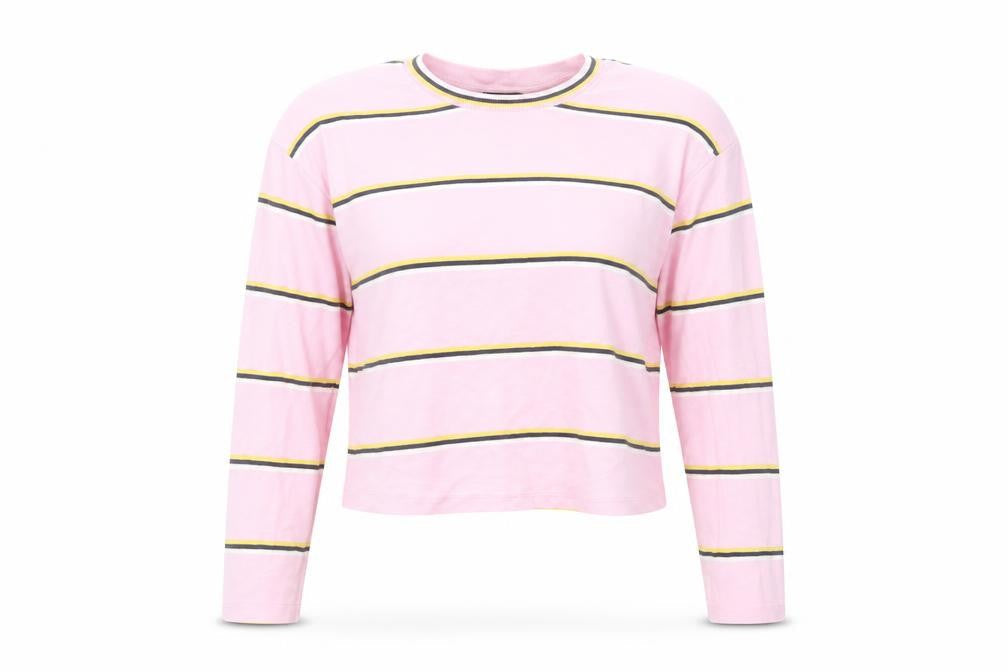 Topshop Womens Pink Striped Cotton Cropped T-Shirt Size 6 Crew Neck
