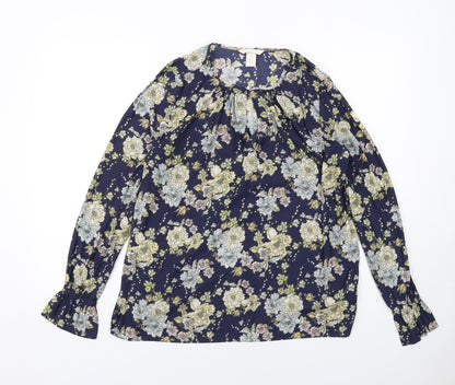 H&M Womens Blue Floral Polyester Basic Blouse Size 8 Boat Neck