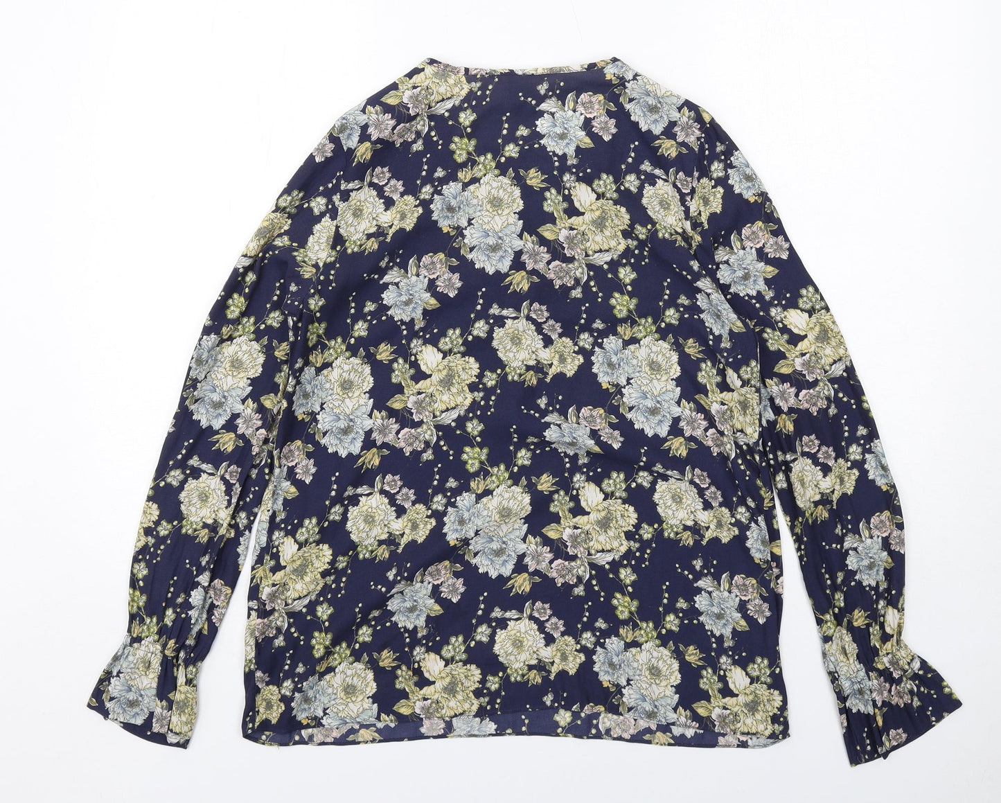 H&M Womens Blue Floral Polyester Basic Blouse Size 8 Boat Neck