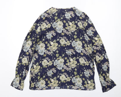 H&M Womens Blue Floral Polyester Basic Blouse Size 8 Boat Neck