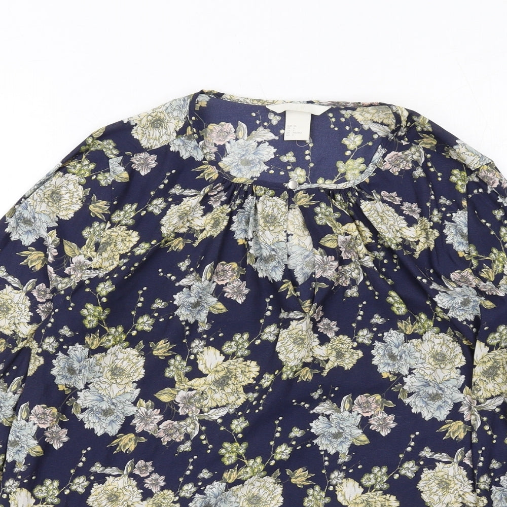 H&M Womens Blue Floral Polyester Basic Blouse Size 8 Boat Neck