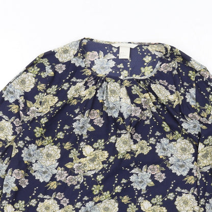 H&M Womens Blue Floral Polyester Basic Blouse Size 8 Boat Neck