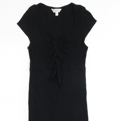 Close-up detail of Miss Selfridge women’s black polyester a-line, size UK 10, v-neck pullover