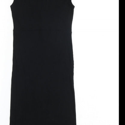Brand and care label for Miss Selfridge women’s black polyester a-line, size UK 10, v-neck pullover