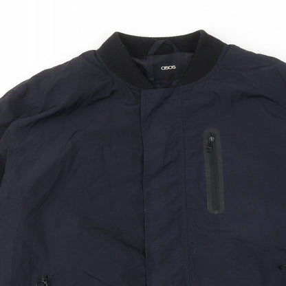 Close-up detail of ASOS men’s blue bomber jacket jacket, size L, zip