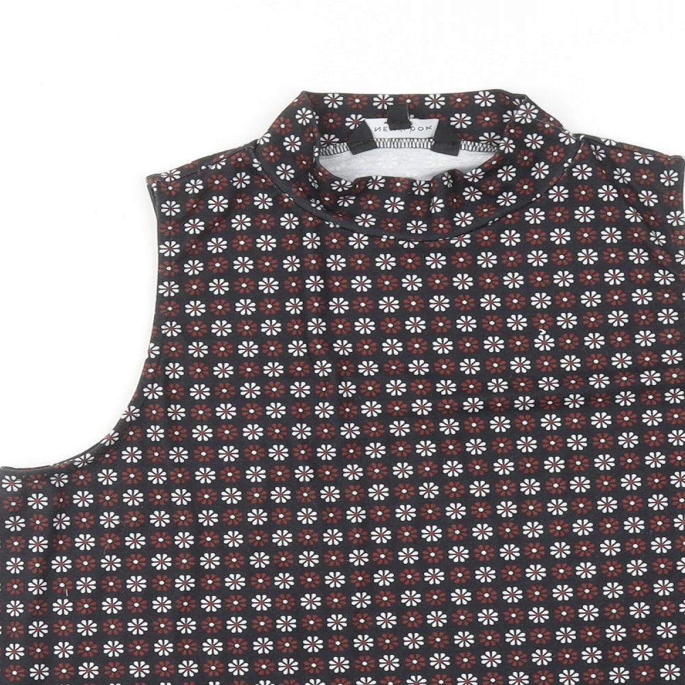 New Look Womens Black Floral Polyester Basic Blouse Size 12 Mock Neck