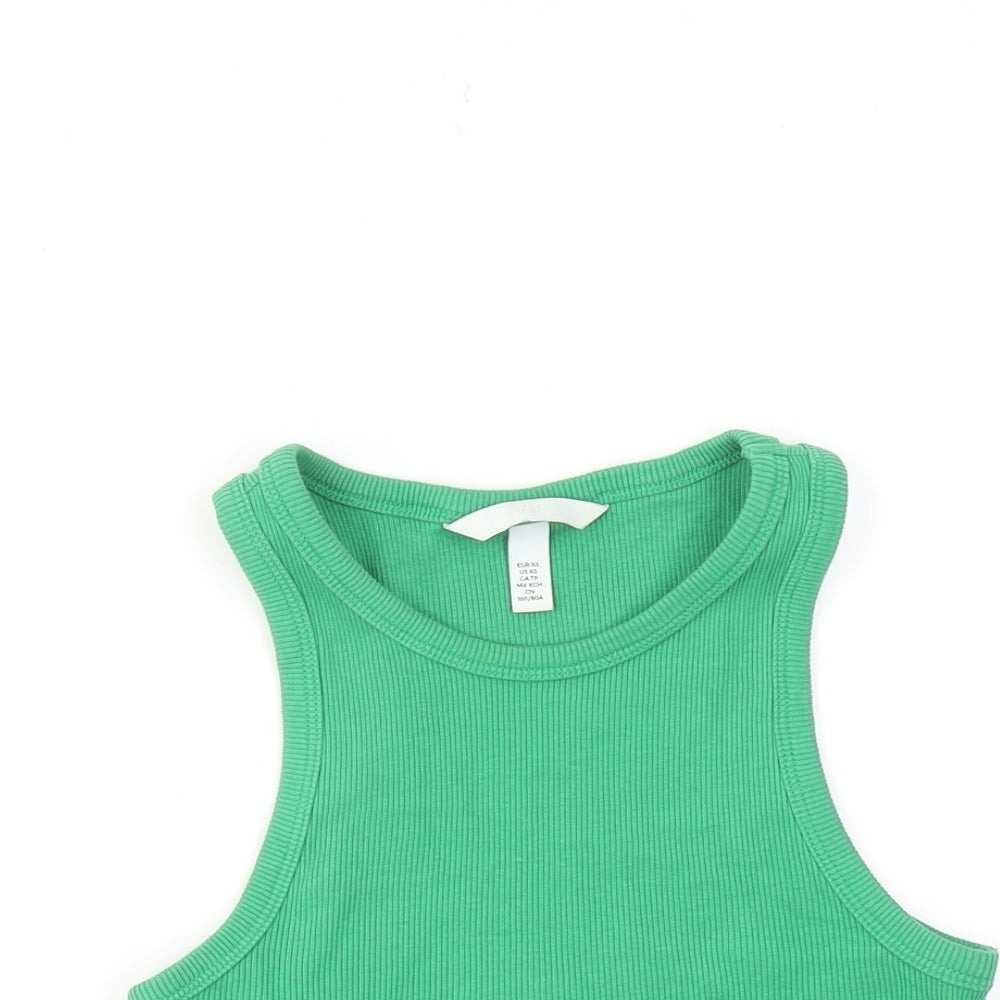 H&M Womens Green Cotton Cropped Tank Size XS Round Neck - Ribbed