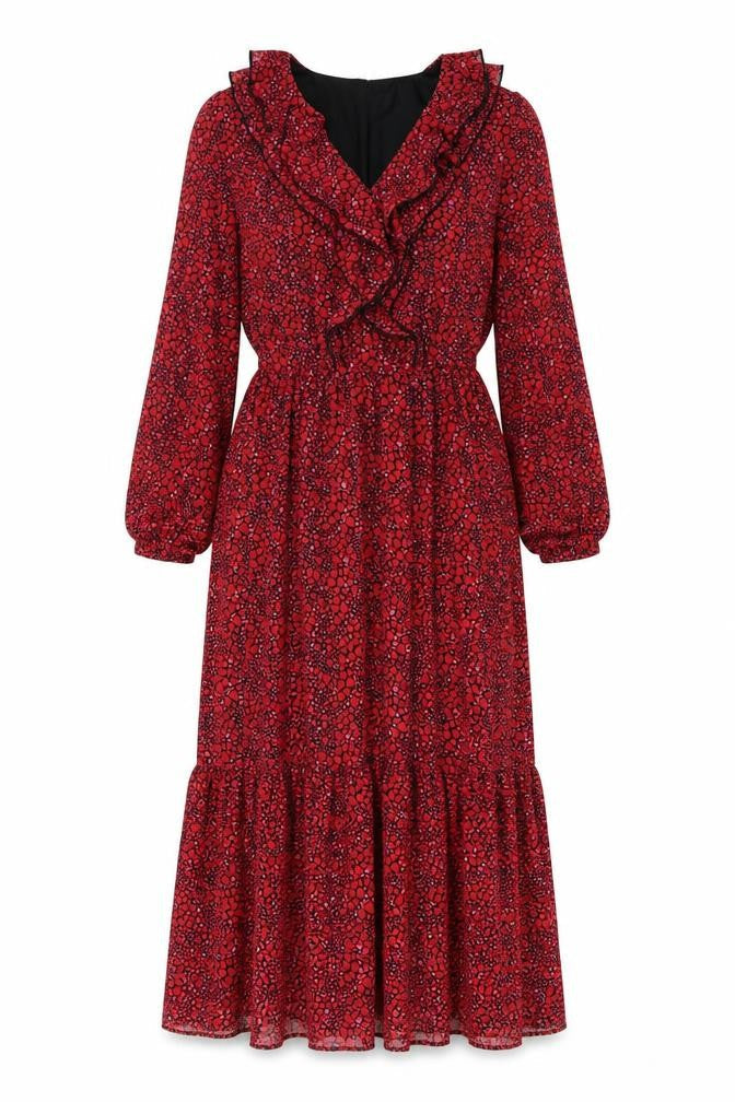 Savida Womens Red Geometric Polyester Maxi Size XS V-Neck Pullover - Heart pattern