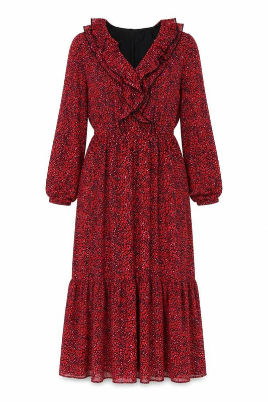Savida Womens Red Geometric Polyester Maxi Size XS V-Neck Pullover - Heart pattern