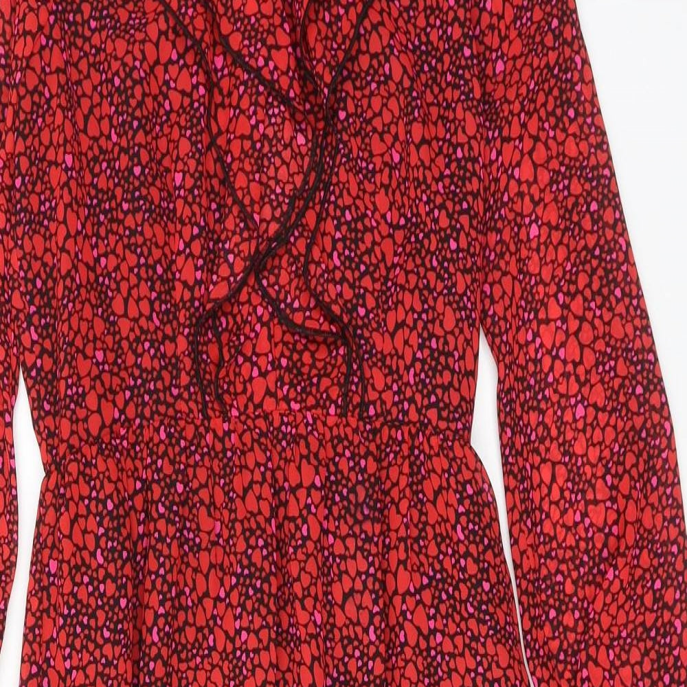 Savida Womens Red Geometric Polyester Maxi Size XS V-Neck Pullover - Heart pattern