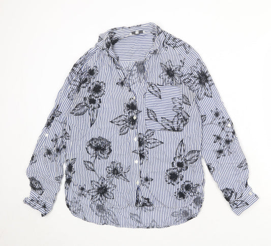 NEXT Womens Blue Striped Viscose Basic Button-Up Size 8 Collared - Flowers