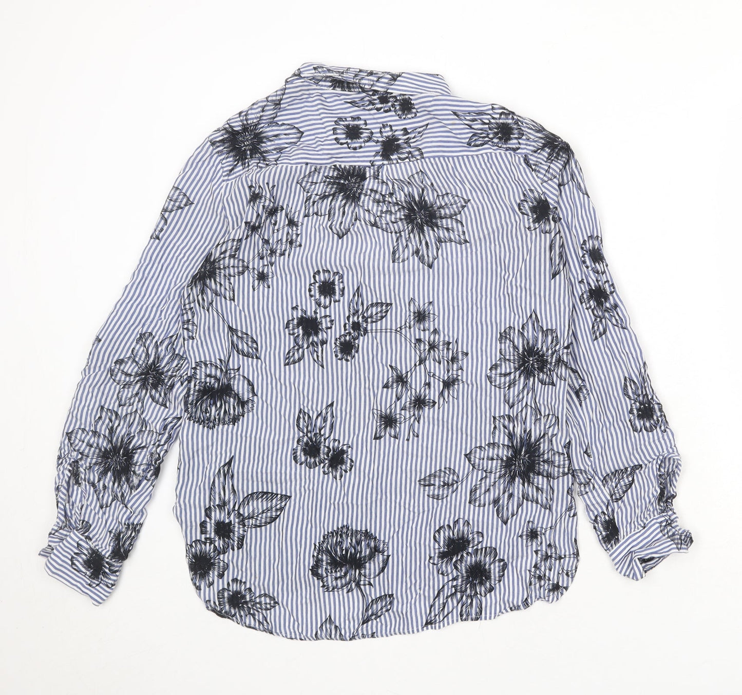 NEXT Womens Blue Striped Viscose Basic Button-Up Size 8 Collared - Flowers