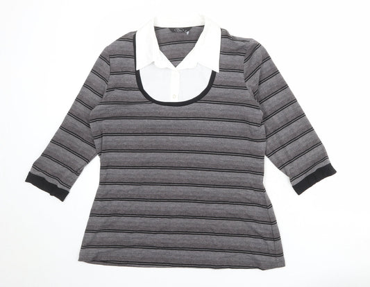 Bonmarché Womens Grey Collared Striped Polyester Pullover Jumper Size 16
