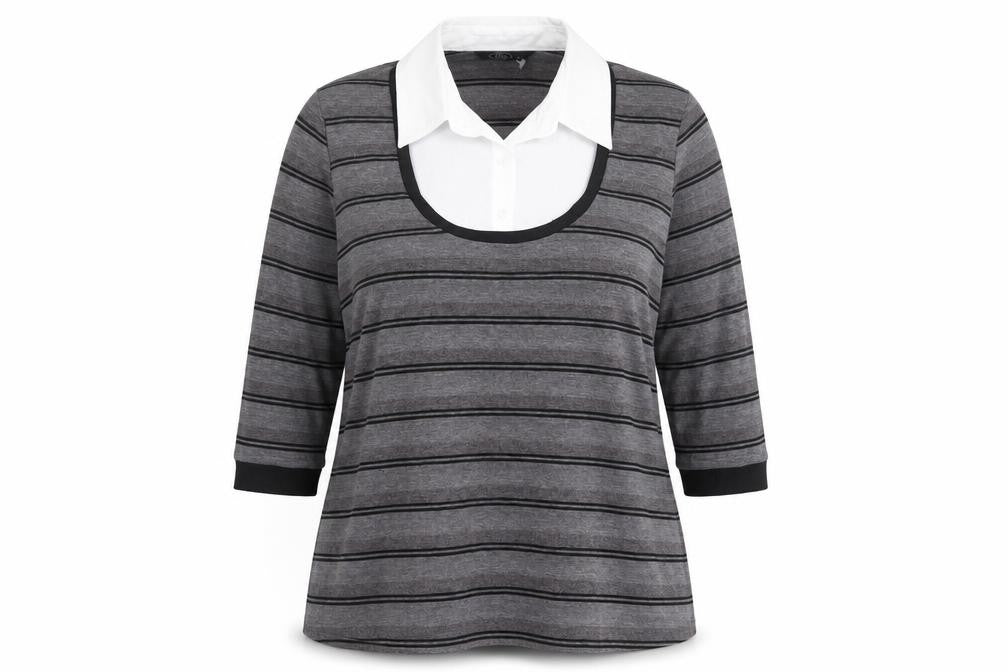 Bonmarché Womens Grey Collared Striped Polyester Pullover Jumper Size 16