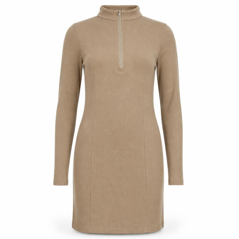 Naanaa Womens Beige Polyester Bodycon Size 8 Mock Neck Zip - Ribbed
