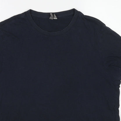 Close-up detail of ASOS women’s blue cotton basic t-shirt, size L, crew neck