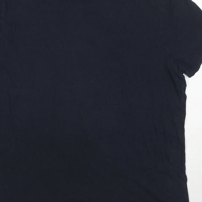 Brand and care label for ASOS women’s blue cotton basic t-shirt, size L, crew neck