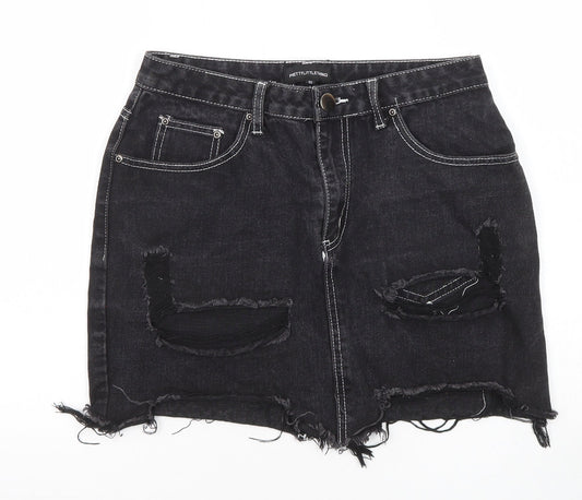 PRETTYLITTLETHING Womens Black Cotton Mini Skirt Size 10 Zip - Distressed look