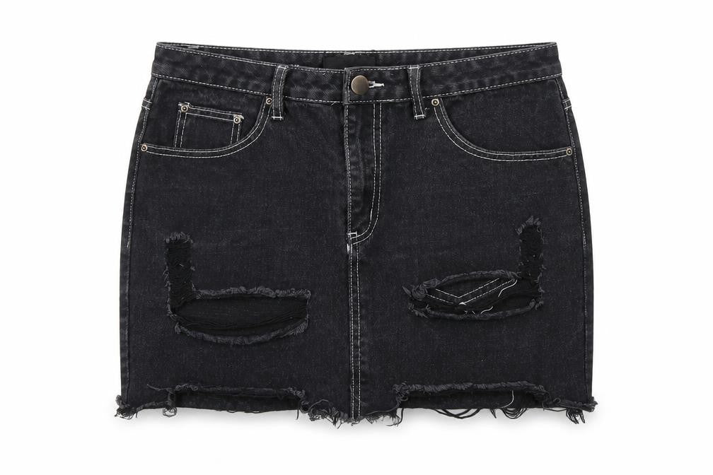 PRETTYLITTLETHING Womens Black Cotton Mini Skirt Size 10 Zip - Distressed look