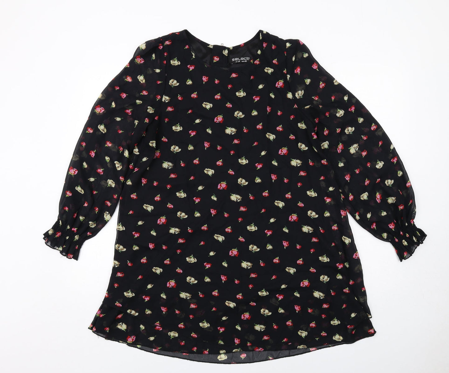 Select Womens Black Floral Polyester Trapeze & Swing Size 14 Boat Neck Zip