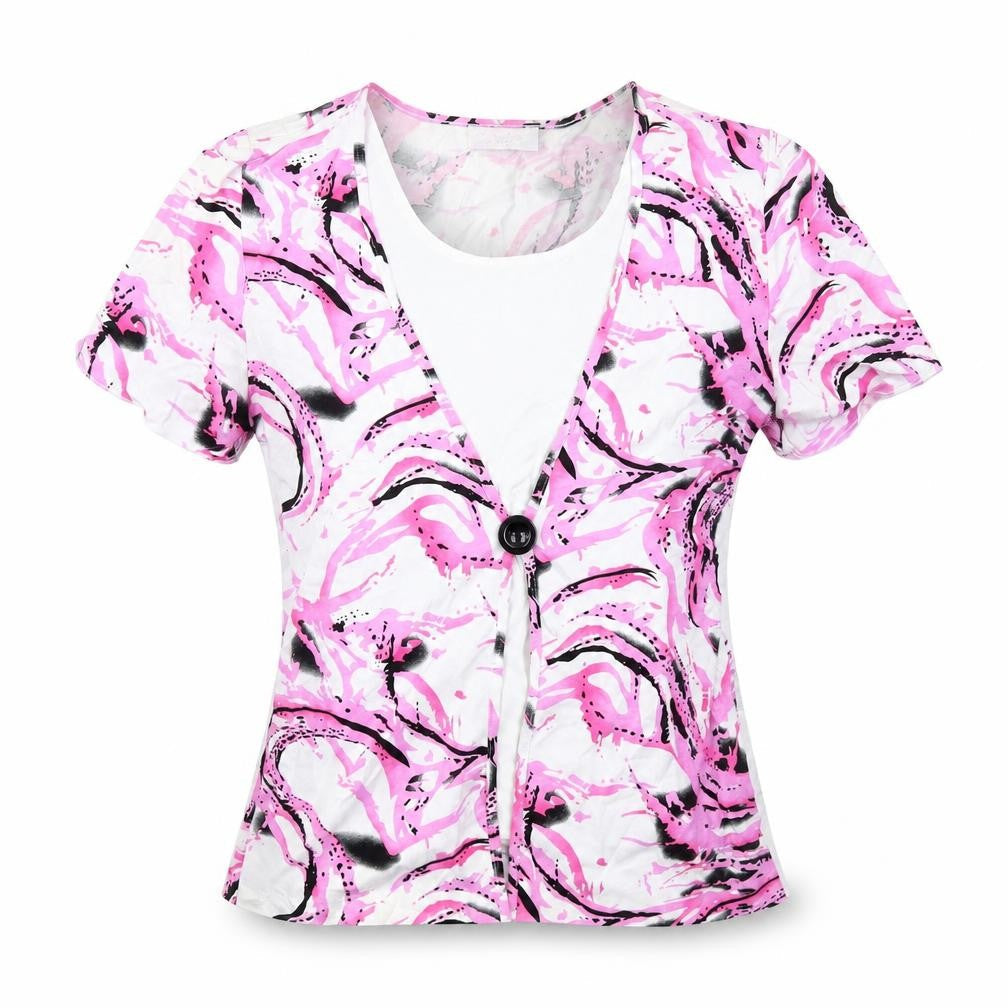 Saloos Womens Pink Geometric Viscose Basic Blouse Size M Round Neck