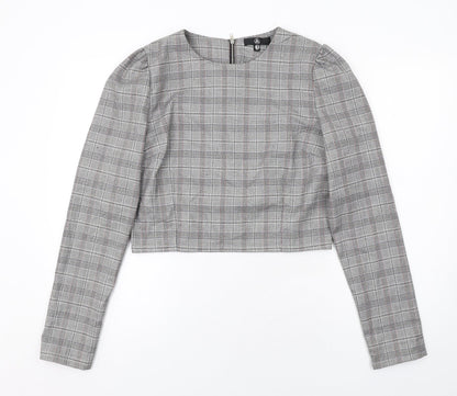 Additional front view of Missguided women’s grey plaid polyester cropped blouse, size UK 12, boat neck
