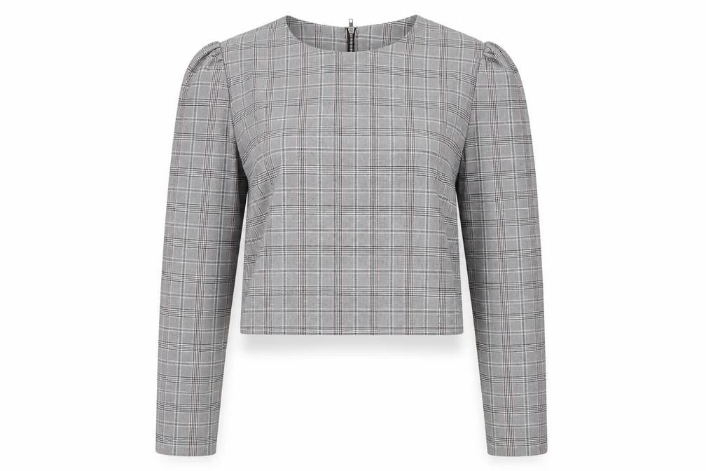 Missguided Womens Grey Plaid Polyester Cropped Blouse Size 12 Boat Neck