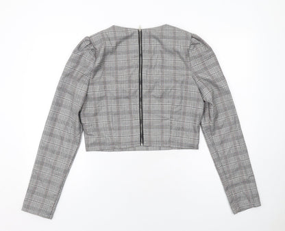 Back view of Missguided women’s grey plaid polyester cropped blouse, size UK 12, boat neck