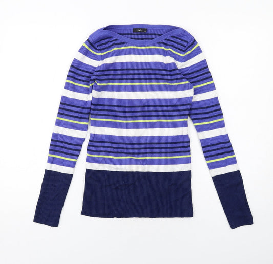 M&Co Womens Blue Boat Neck Striped Viscose Pullover Jumper Size 12