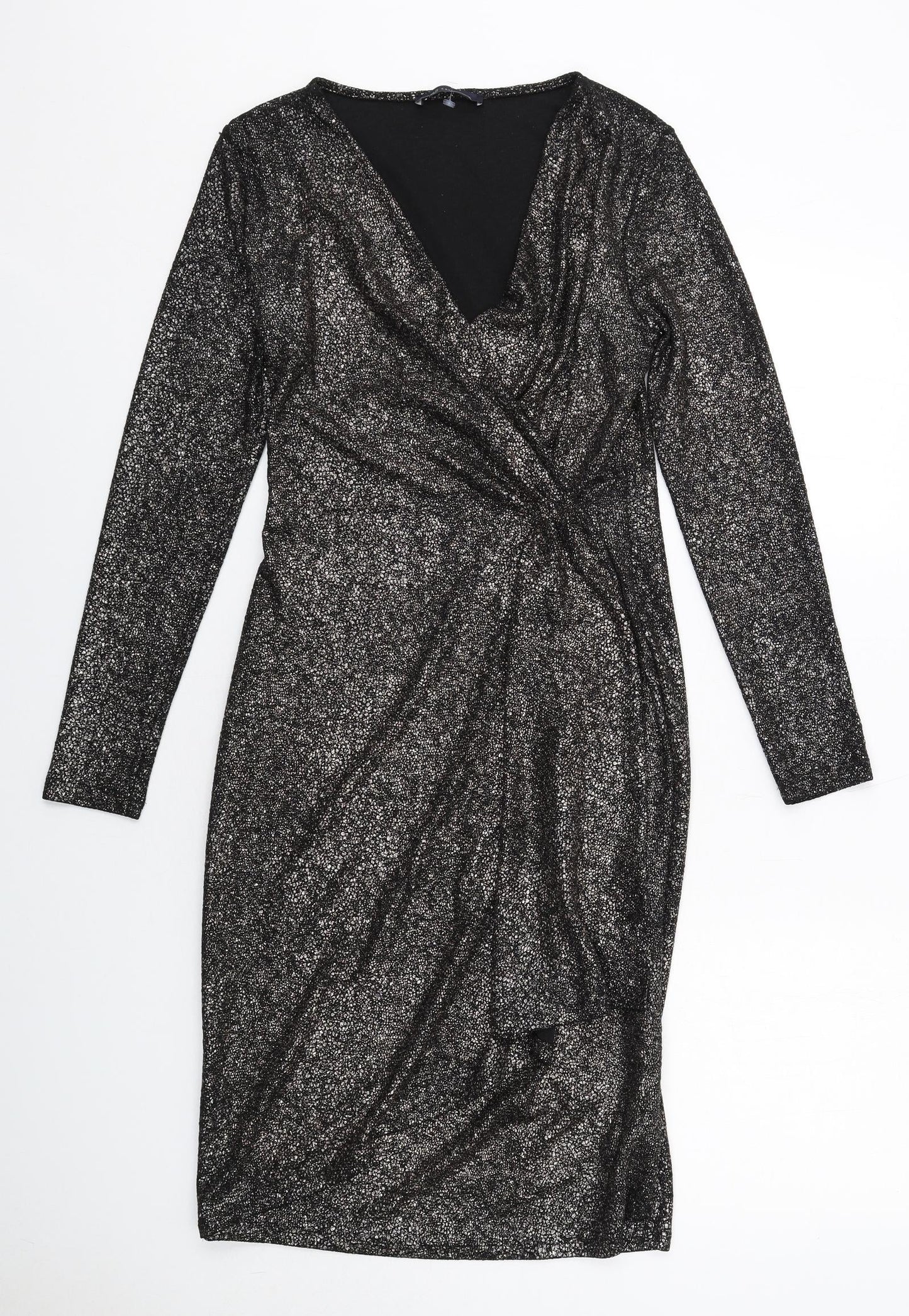 Marks and Spencer Womens Black Polyester Sheath Size 10 V-Neck Pullover - Wrap Front Detail