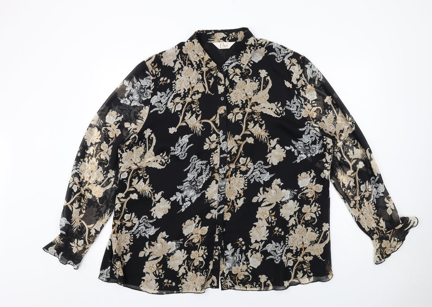 ELVI Womens Black Floral Polyester Basic Button-Up Size 22 Collared
