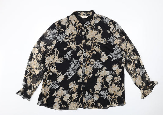 ELVI Womens Black Floral Polyester Basic Button-Up Size 22 Collared