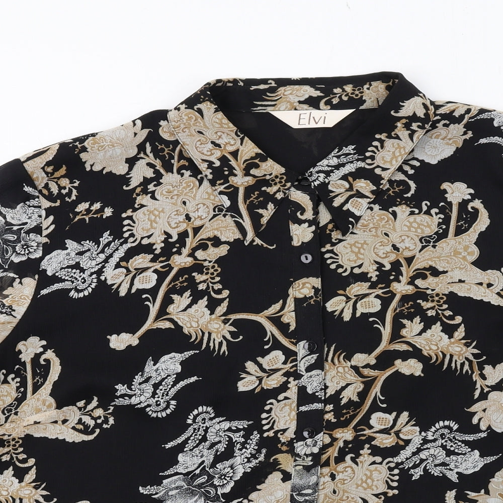 ELVI Womens Black Floral Polyester Basic Button-Up Size 22 Collared