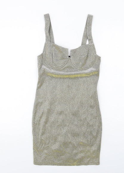 Additional front view of Missguided women’s gold polyester mini, size UK 8, sweetheart zip
