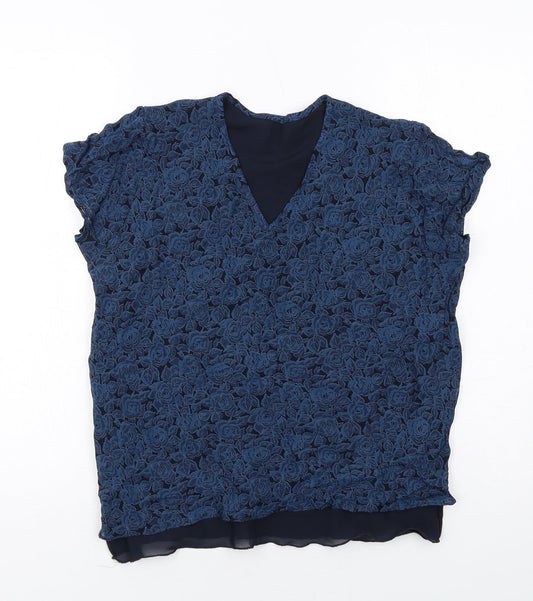 Marks and Spencer Womens Blue Floral Polyester Basic Blouse Size 12 V-Neck