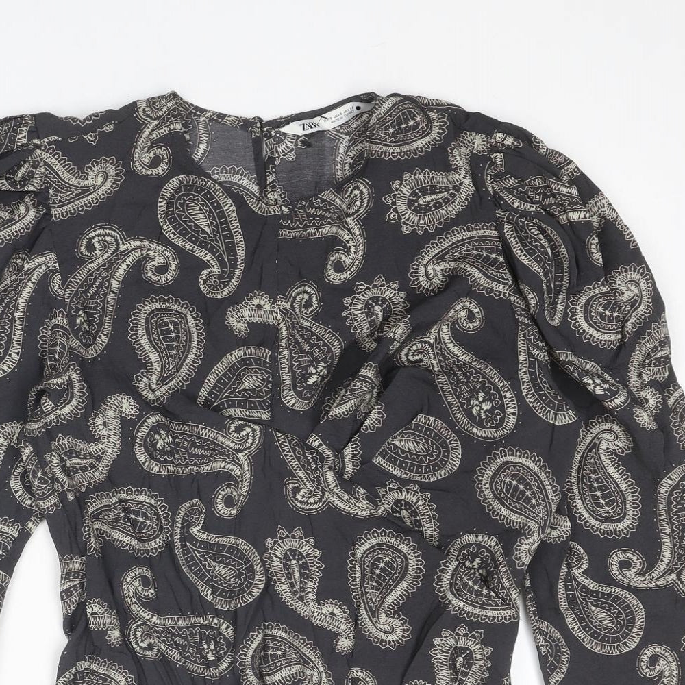 Zara Womens Grey Paisley Modal Basic Blouse Size S Round Neck