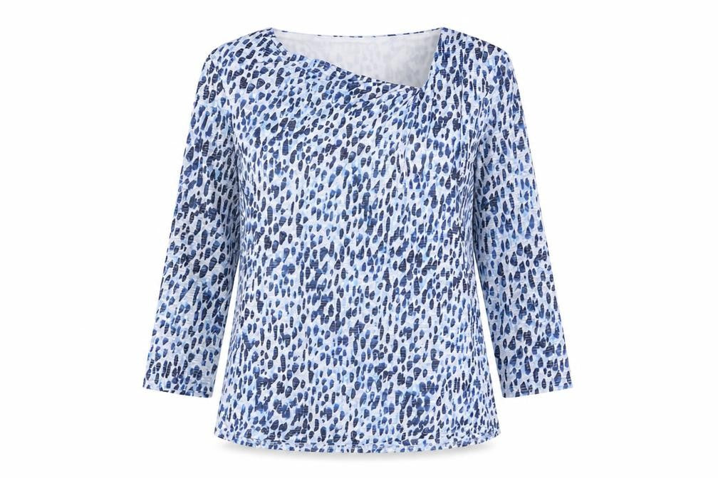 Classics Womens Blue Geometric Polyester Basic Blouse Size 10 V-Neck - Asymmetric Neckline