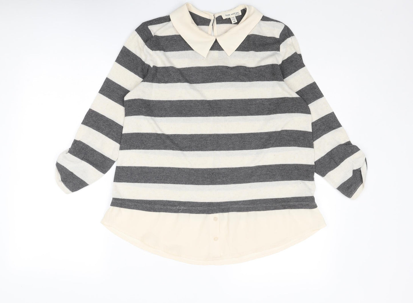 Faith & Joy Womens Ivory Collared Striped Polyester Pullover Jumper Size M