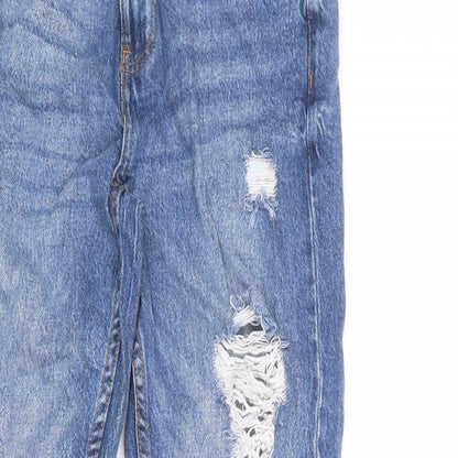 Close-up detail of Denim & Co. women’s blue cotton straight jeans, size UK 6, regular zip