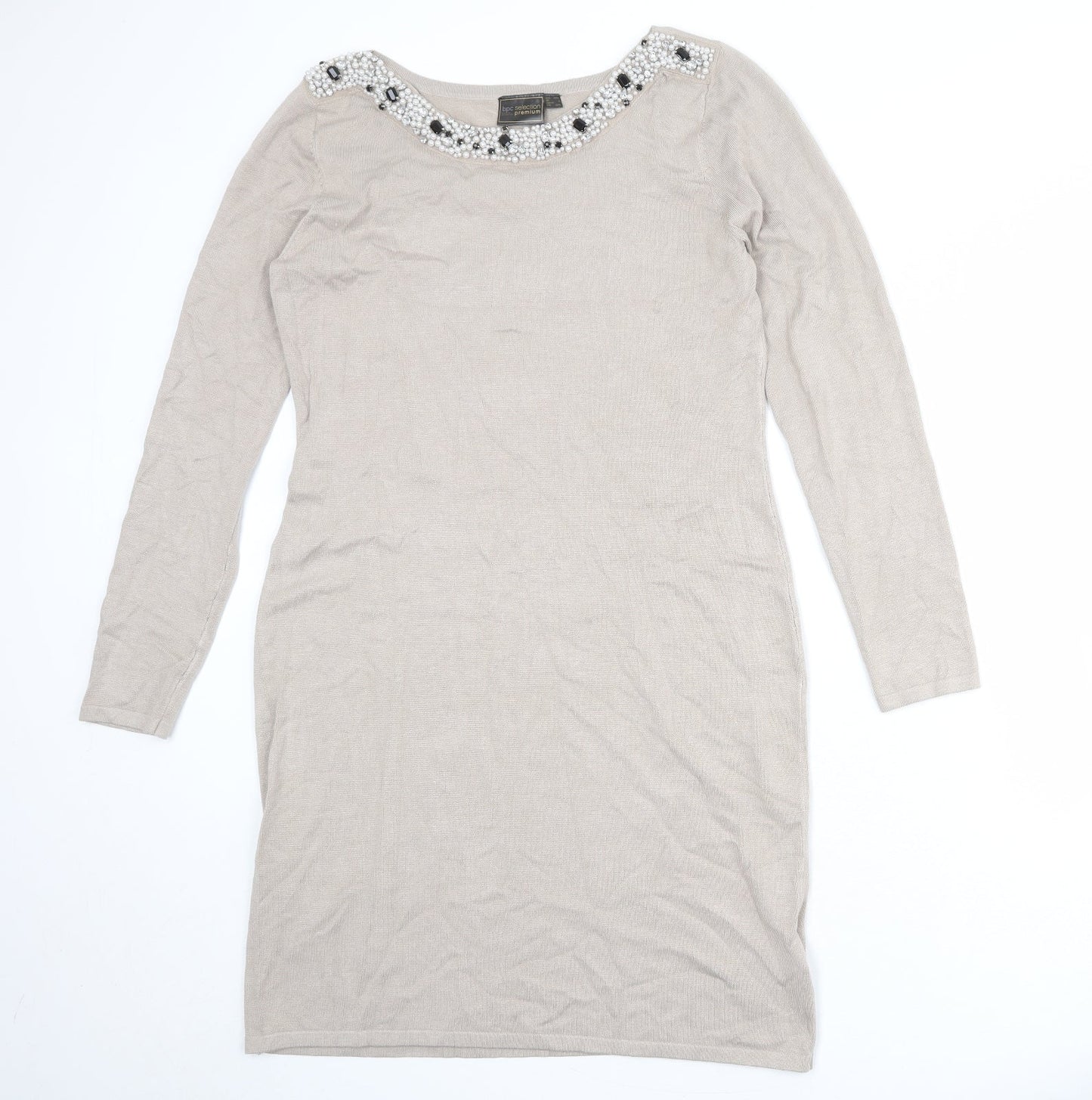 bpc Womens Beige Viscose Shift Size M Round Neck Pullover
