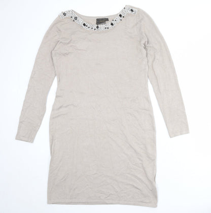 Bonprix Womens Beige Viscose Shift Size M Round Neck Pullover