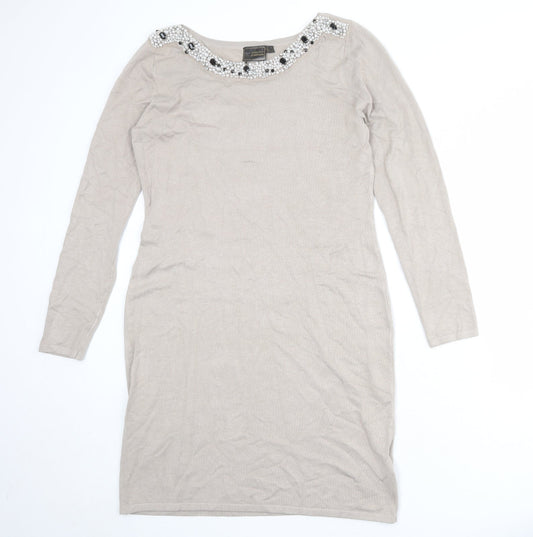 bpc Womens Beige Viscose Shift Size M Round Neck Pullover
