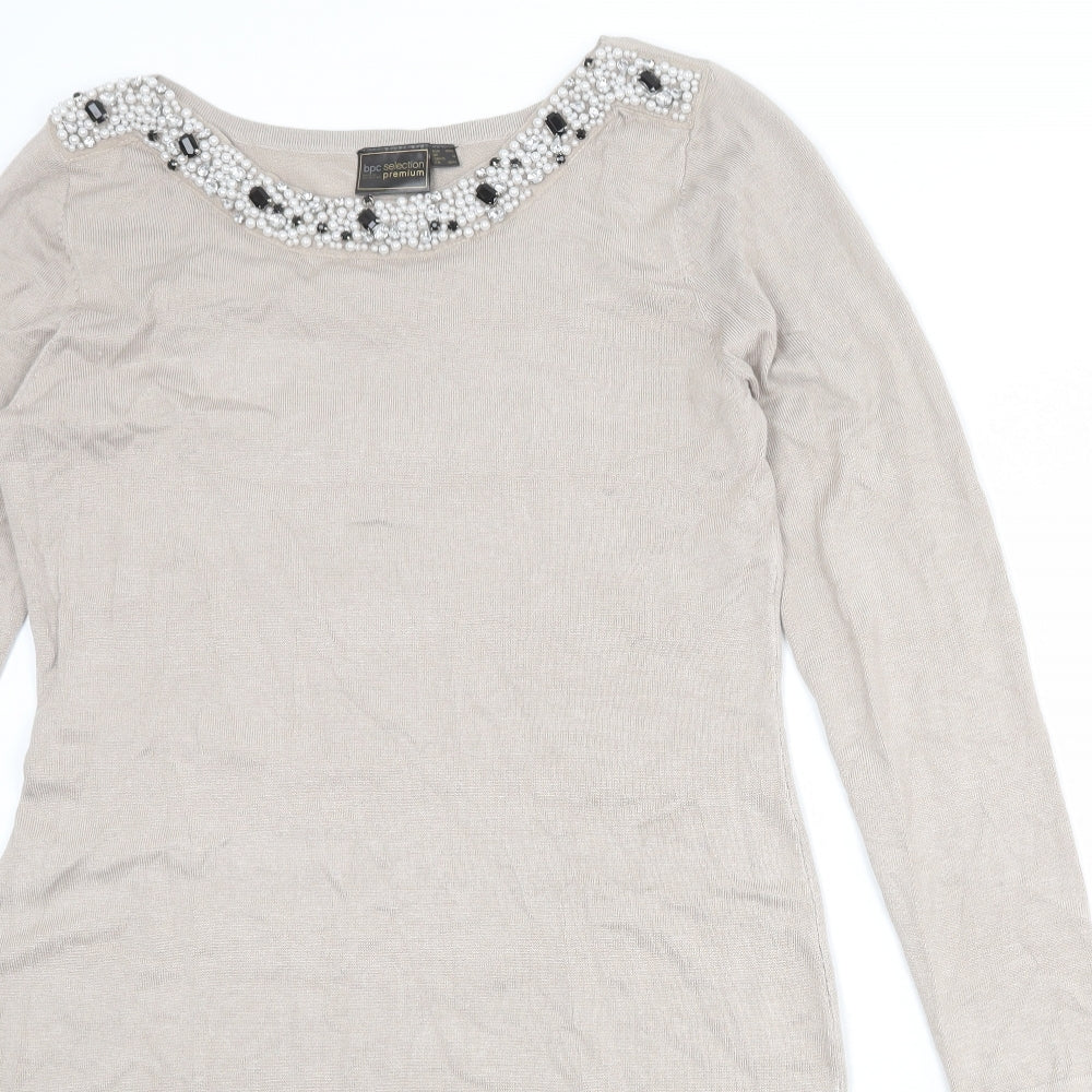 bpc Womens Beige Viscose Shift Size M Round Neck Pullover