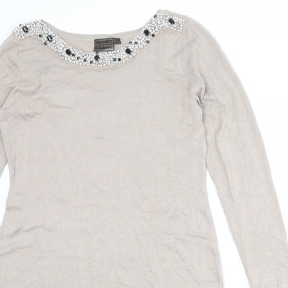 Bonprix Womens Beige Viscose Shift Size M Round Neck Pullover